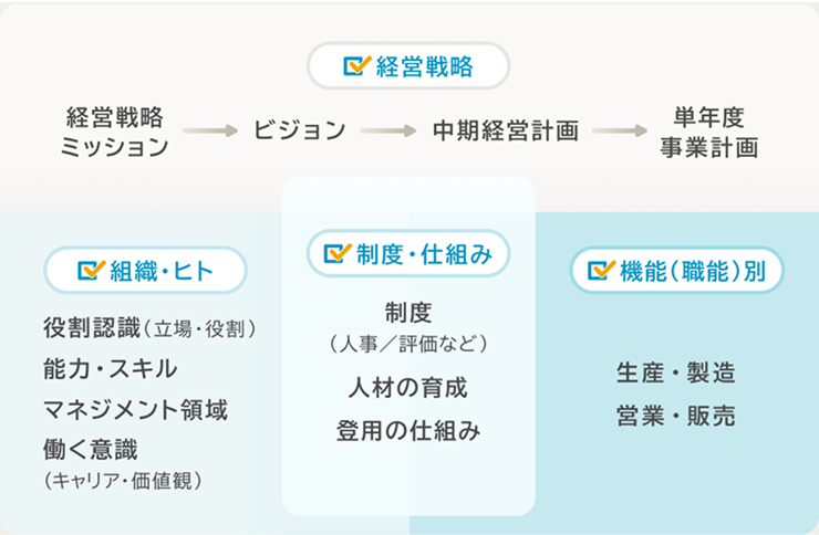 「経営戦略」「組織・ヒト」「制度・仕組み」「機能（職種）」の4つの分野