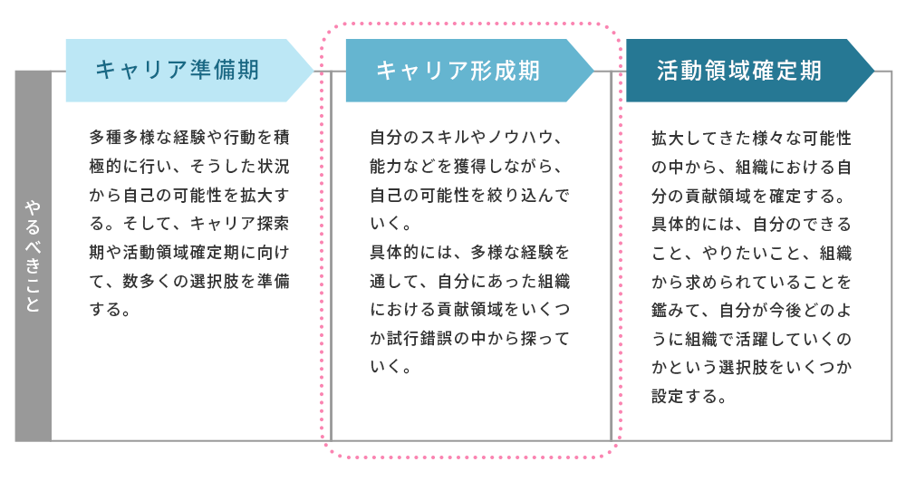 キャリア準備期、キャリア形成期、活動領域確定期でやるべきことを示した図