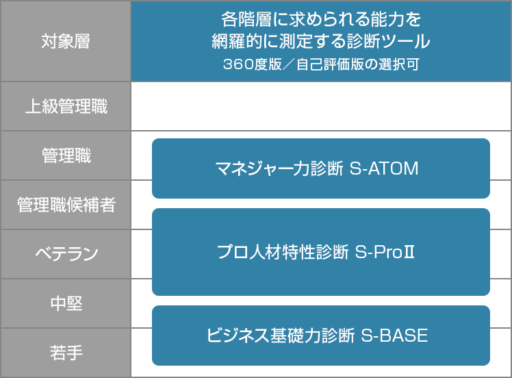 ツール体系マップ 各階層に求められる能力を網羅的に測定する診断ツール