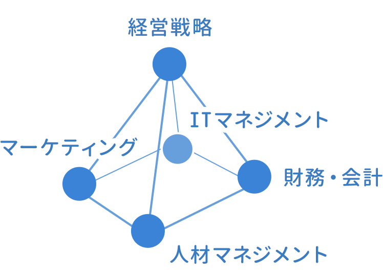 5つの学習領域「経営戦略」「マーケティング」「財務・会計」「人材マネジメント」「ITマネジメント」